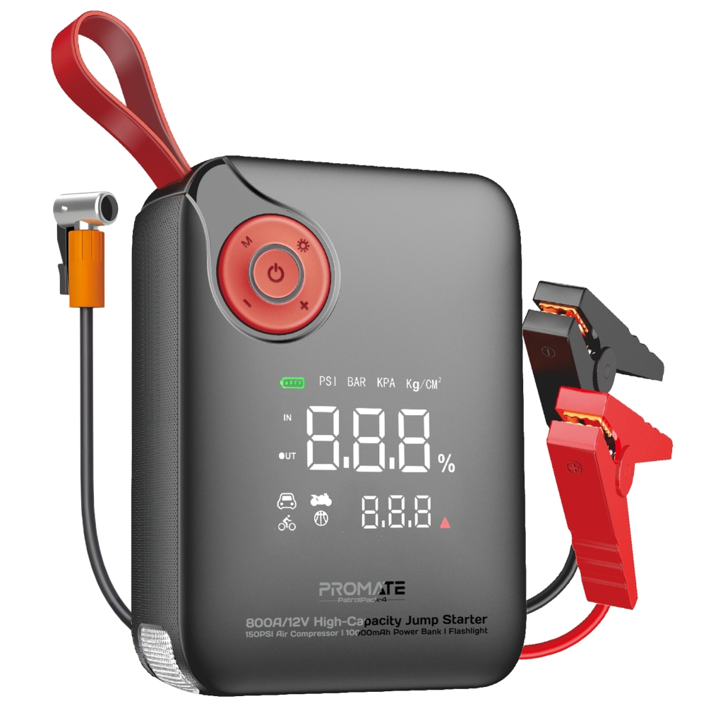 جهاز طوارئ 4 في 1 لتشغيل السيارات بقوة 800 أمبير، مزوّد بكمبروسر هواء 150PSI وبطارية 10000mAh، يشحن عبر USB وType-C، مع كشاف LED قوي، مثالي للسيارات، الدفع الرباعي، والدراجات النارية — الحل الذكي على